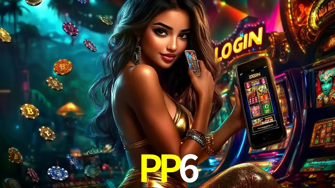 Mulher em um cenário de cassino temático de aventura, mostrando o app de caça-níqueis da PP6 no celular. Fichas de apostas flutuam ao redor.