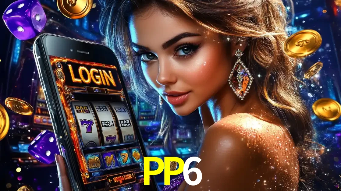 Mulher glamorosa segurando um smartphone com a tela de login para os jogos de caça-níqueis do cassino online PP6, com moedas de ouro e dados ao redor.