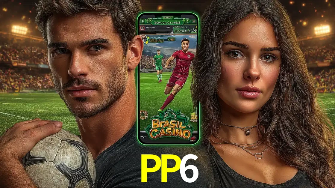 Homem segurando uma bola de futebol e uma mulher ao lado de um smartphone exibindo o jogo de apostas esportivas da PP6. Faça seu palpite no cassino online.